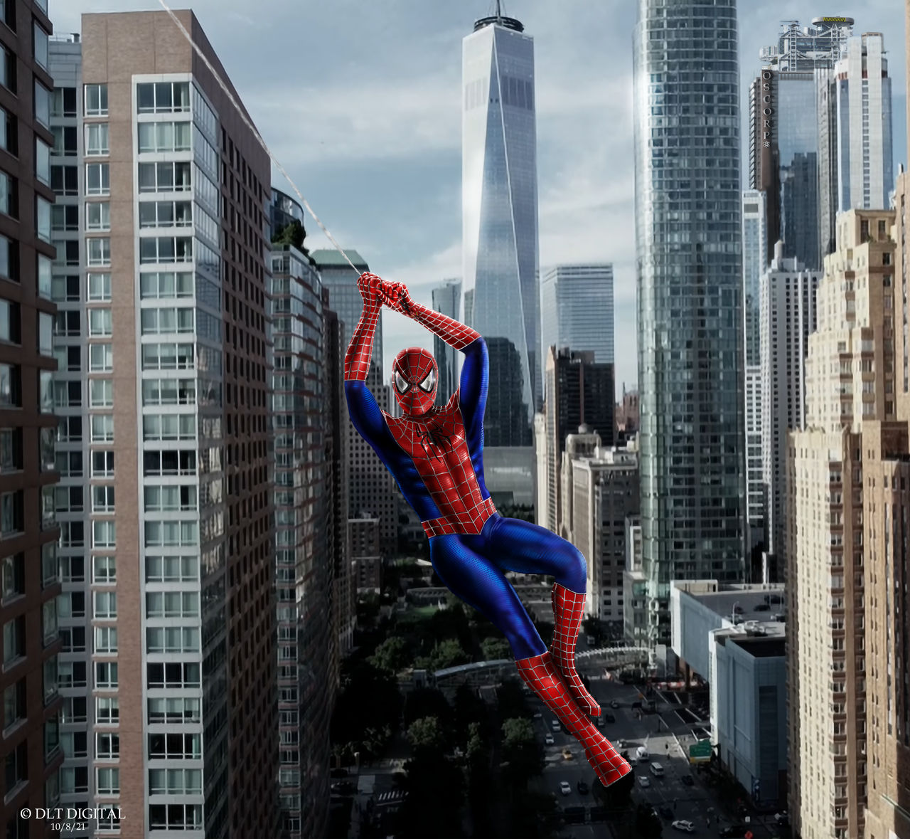 Spider-Man swinging through New York City in illustrated comic style