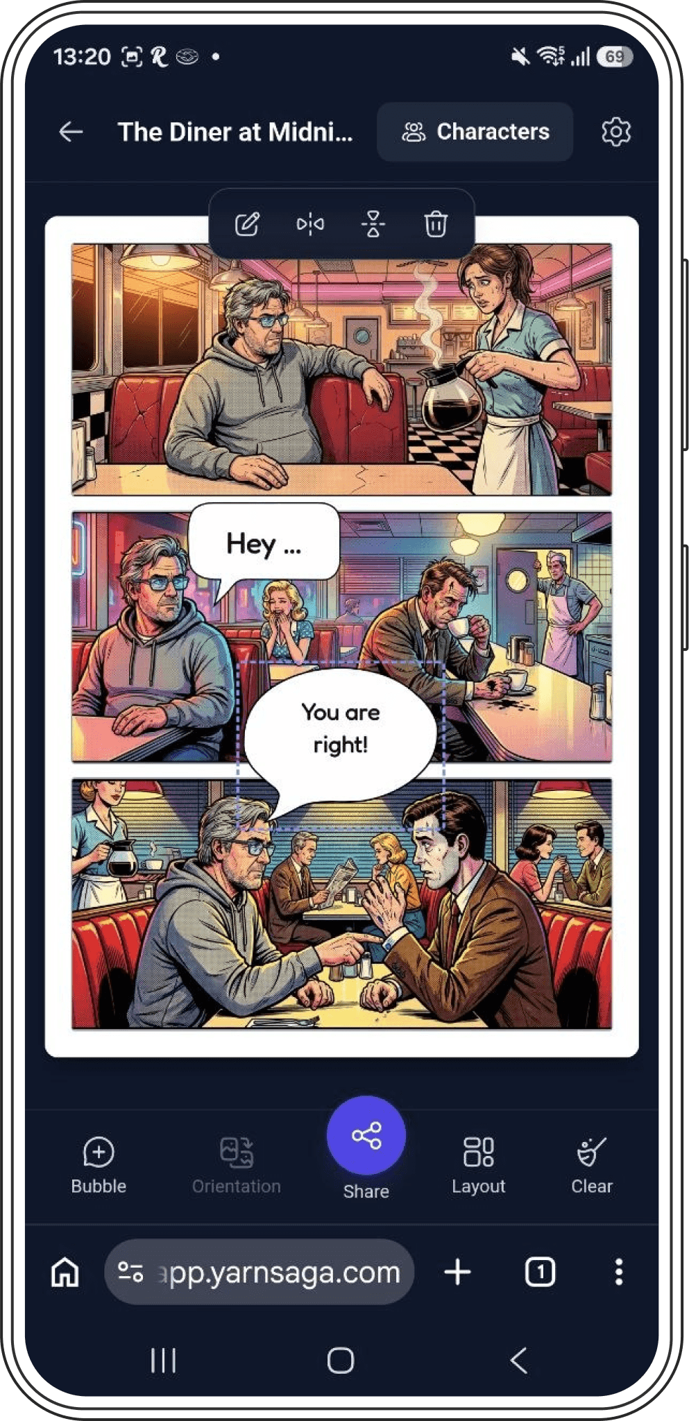 YarnSaga mobile mini-editor — speech bubble selected on a comic panel with the edit toolbar visible