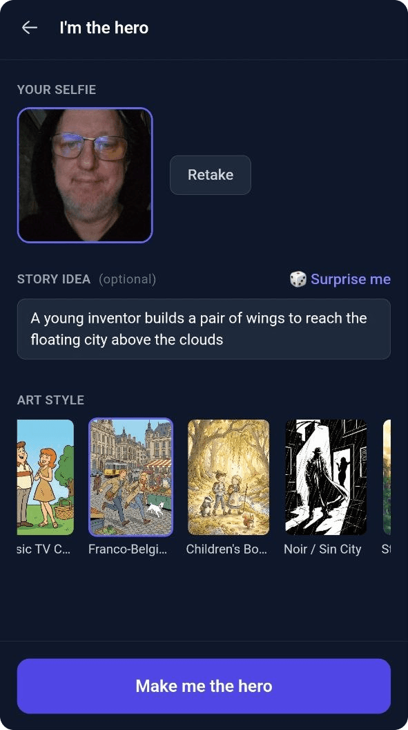 YarnSaga mobile "I'm the Hero" screen — selfie capture, optional story idea, and art style picker