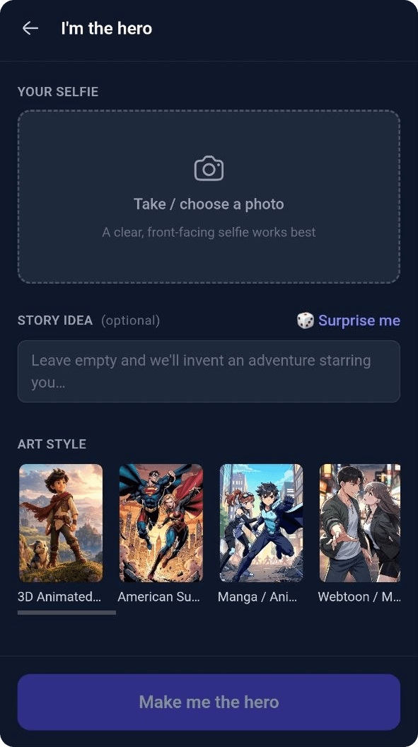 YarnSaga mobile "I'm the Hero" screen — selfie capture, optional story idea, and art style picker