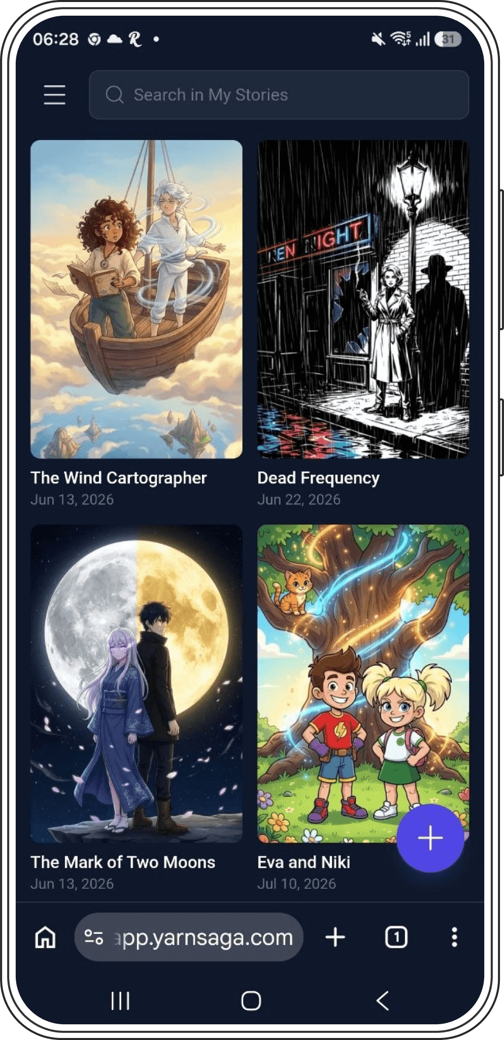 YarnSaga mobile My Stories home screen showing a grid of comic story cards