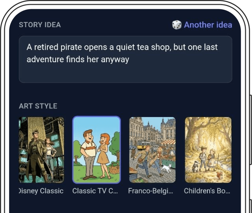 YarnSaga mobile Quick Story creation screen — story idea textarea and art style picker