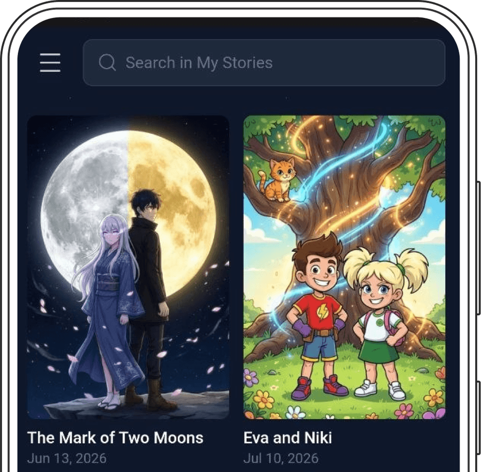 YarnSaga mobile My Stories home screen with search bar and a grid of story cards