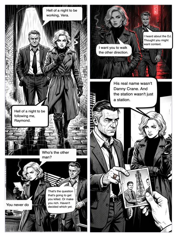 AI comic gen result — noir style 4-panel comic